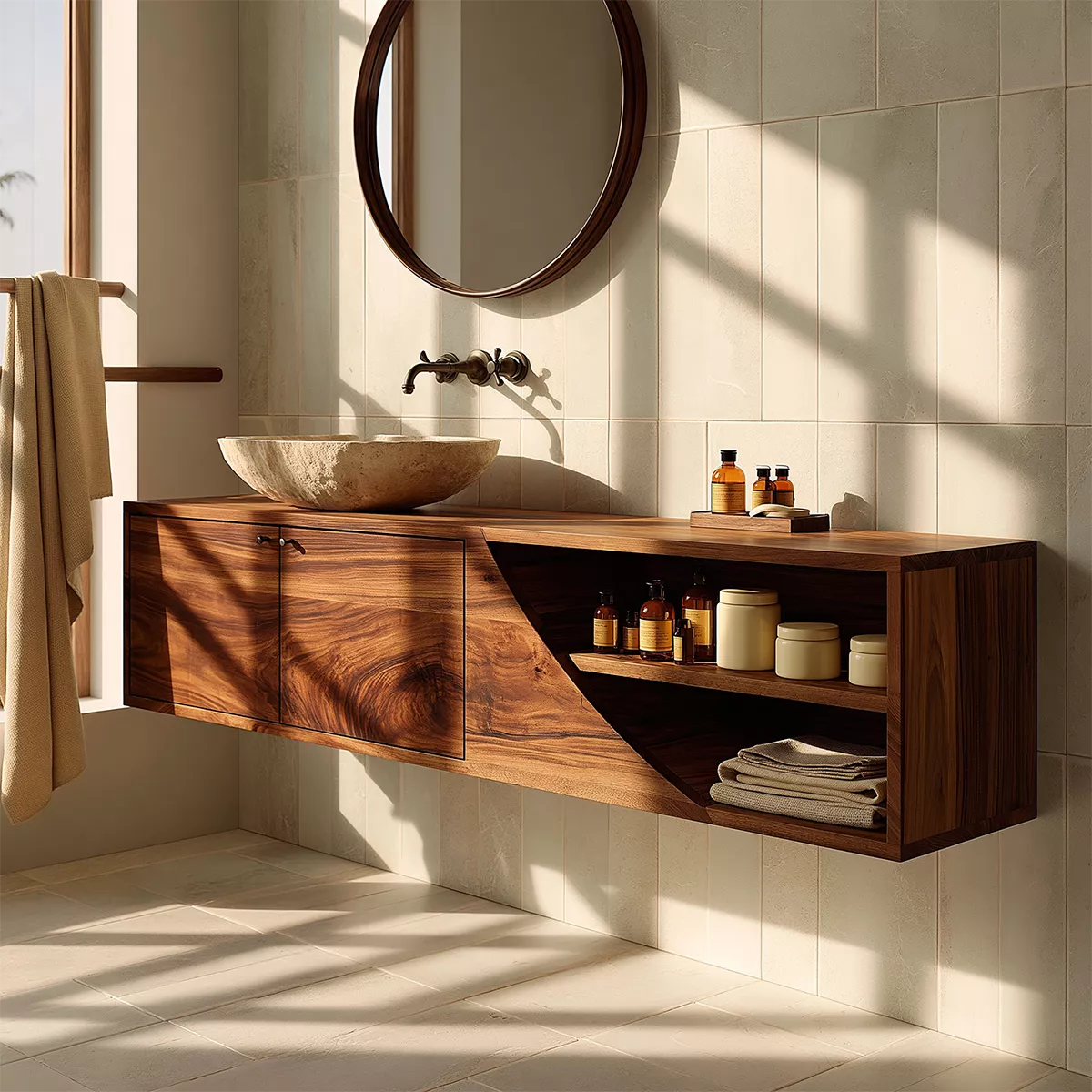 Floating Solid Wood Bathroom Vanity With Asymmetrical Open Shelf And Hidden Cabinet Storage - Livewoodcraft - 5
