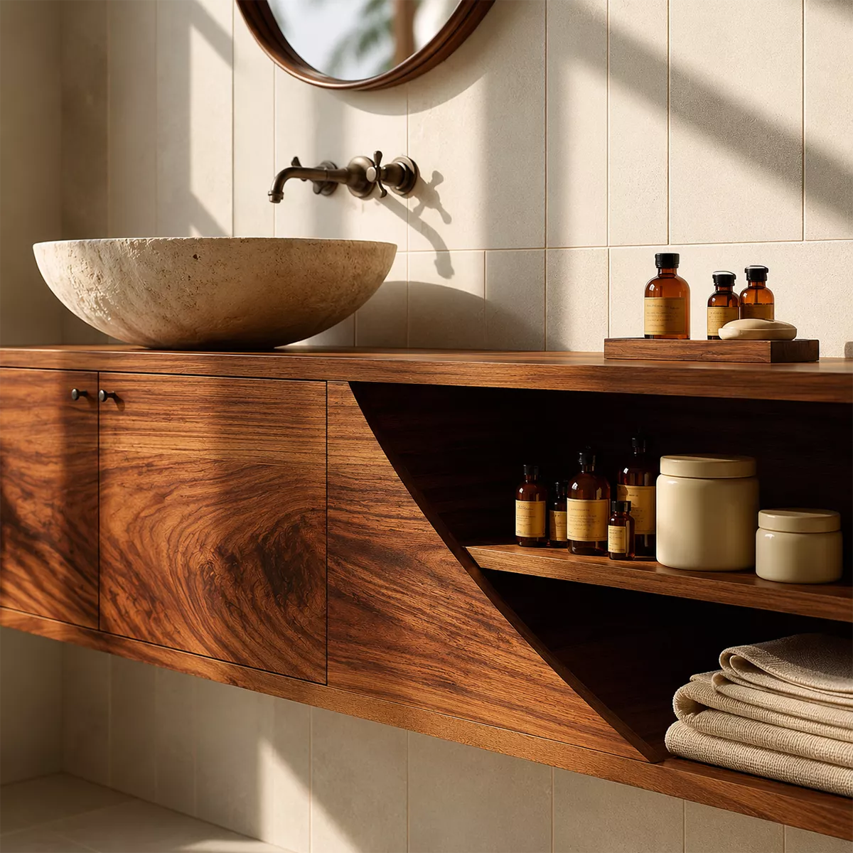Floating Solid Wood Bathroom Vanity With Asymmetrical Open Shelf And Hidden Cabinet Storage - Livewoodcraft - 6