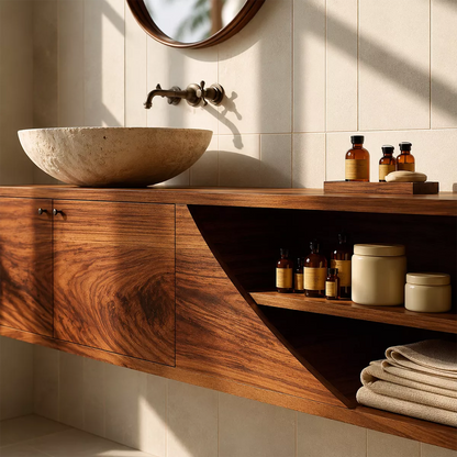 Floating Solid Wood Bathroom Vanity With Asymmetrical Open Shelf And Hidden Cabinet Storage - Livewoodcraft - 6