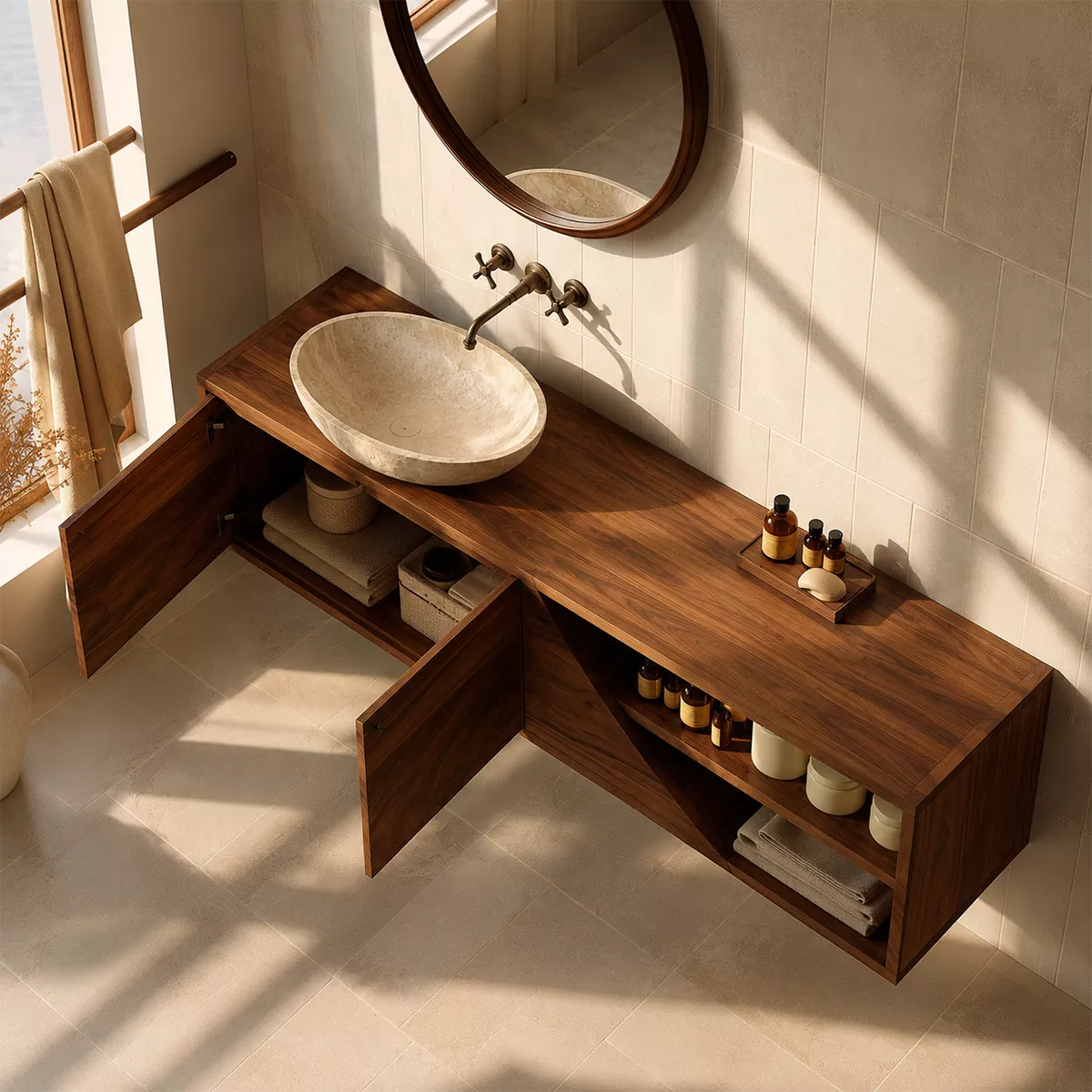 Floating Solid Wood Bathroom Vanity With Asymmetrical Open Shelf And Hidden Cabinet Storage - Livewoodcraft - 7