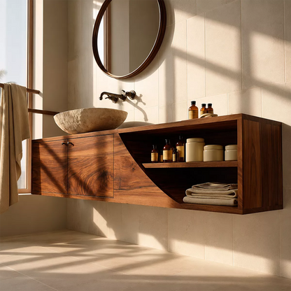 Floating Solid Wood Bathroom Vanity With Asymmetrical Open Shelf And Hidden Cabinet Storage - Livewoodcraft - 8