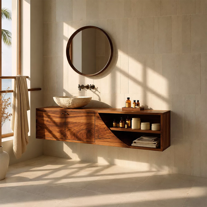 Floating Solid Wood Bathroom Vanity With Asymmetrical Open Shelf And Hidden Cabinet Storage - Livewoodcraft - 9