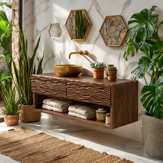 Floating Solid Wood Bathroom Vanity with Carved Wave Doors and Open Shelf - Echotimber