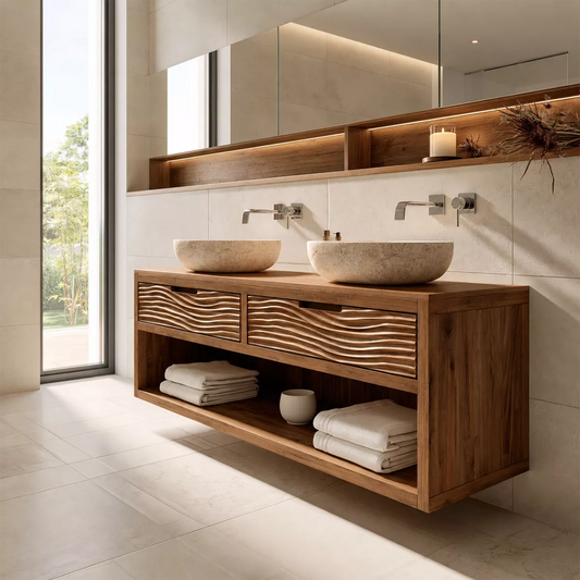Floating Solid Wood Bathroom Vanity With Carved Wave Drawers And Open Shelf Storage - Echotimber