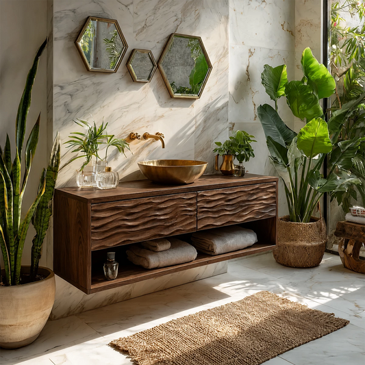 Floating Solid Wood Bathroom Vanity with Carved Wave Drawers and Open Storage - Echotimber