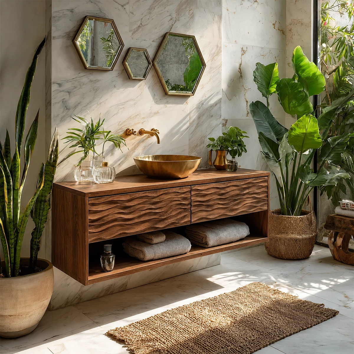 Floating Solid Wood Bathroom Vanity with Carved Wave Drawers and Open Storage - Livewoodcraft - 8