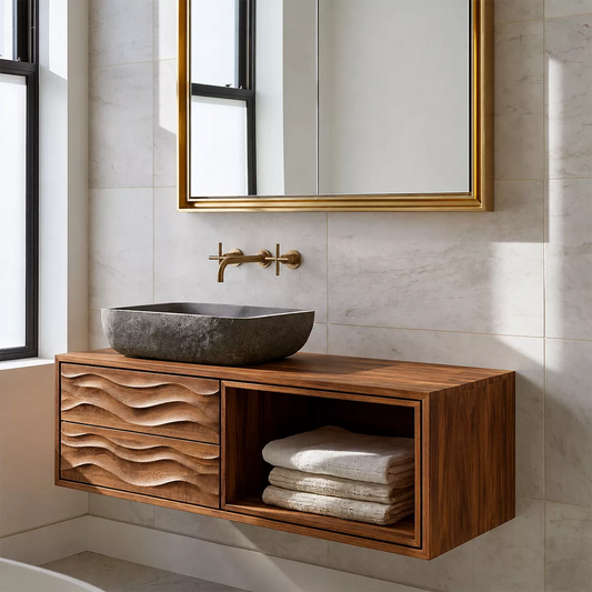 Floating Solid Wood Bathroom Vanity With Carved Wave Drawers And Open Towel Shelf - Echotimber