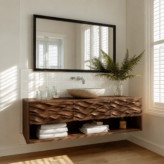 Floating Solid Wood Bathroom Vanity with Carved Wave Front and Open Shelf - Echotimber