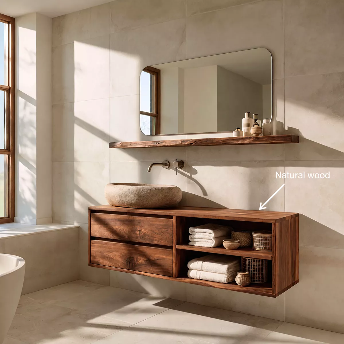 Floating Solid Wood Bathroom Vanity With Drawer Storage And Open Towel Shelves - Livewoodcraft - 10