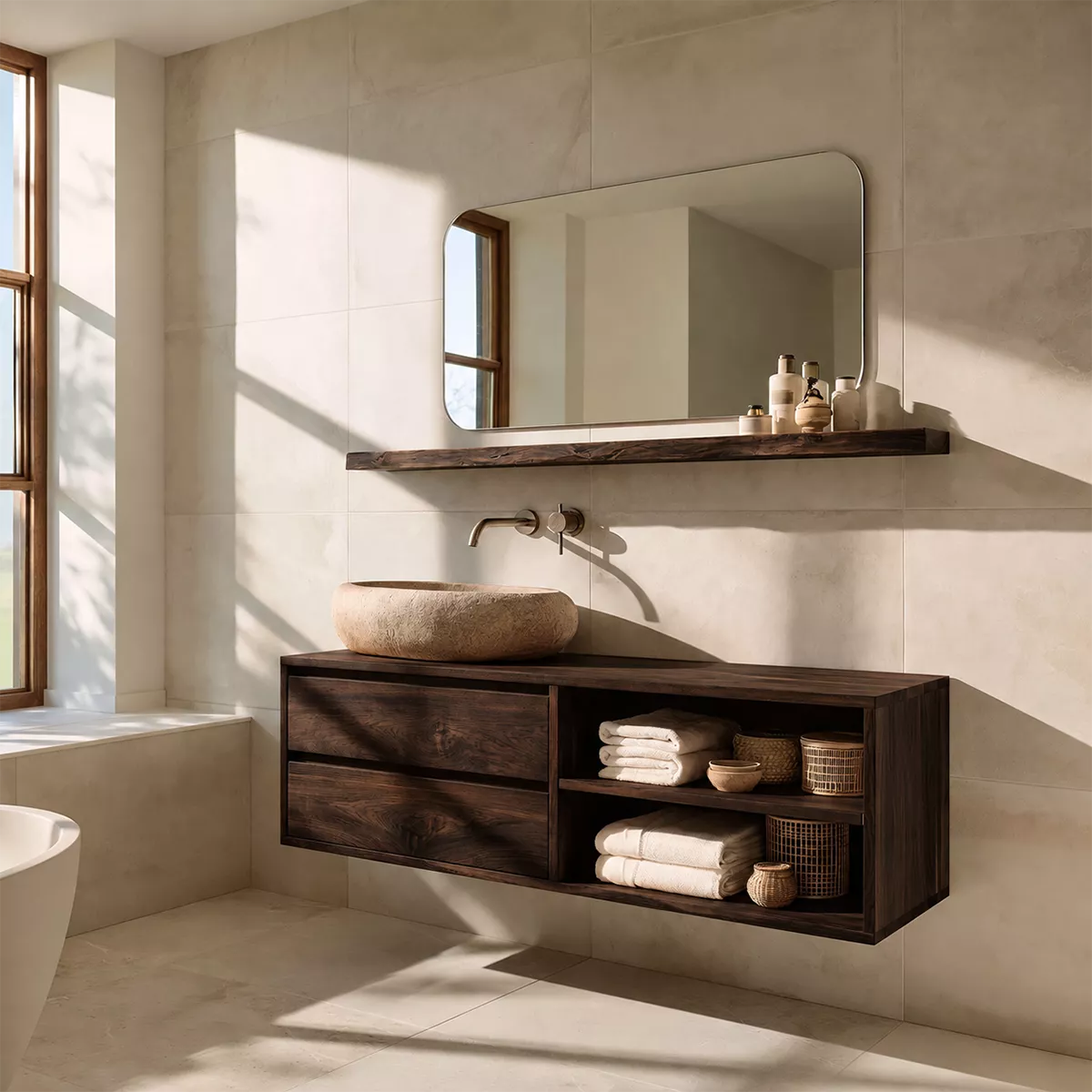 Floating Solid Wood Bathroom Vanity With Drawer Storage And Open Towel Shelves - Livewoodcraft - 2
