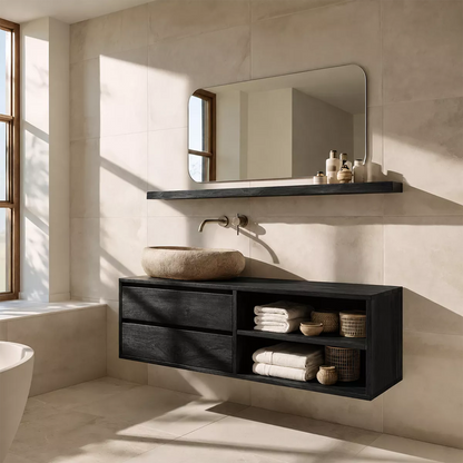 Floating Solid Wood Bathroom Vanity With Drawer Storage And Open Towel Shelves - Livewoodcraft - 3