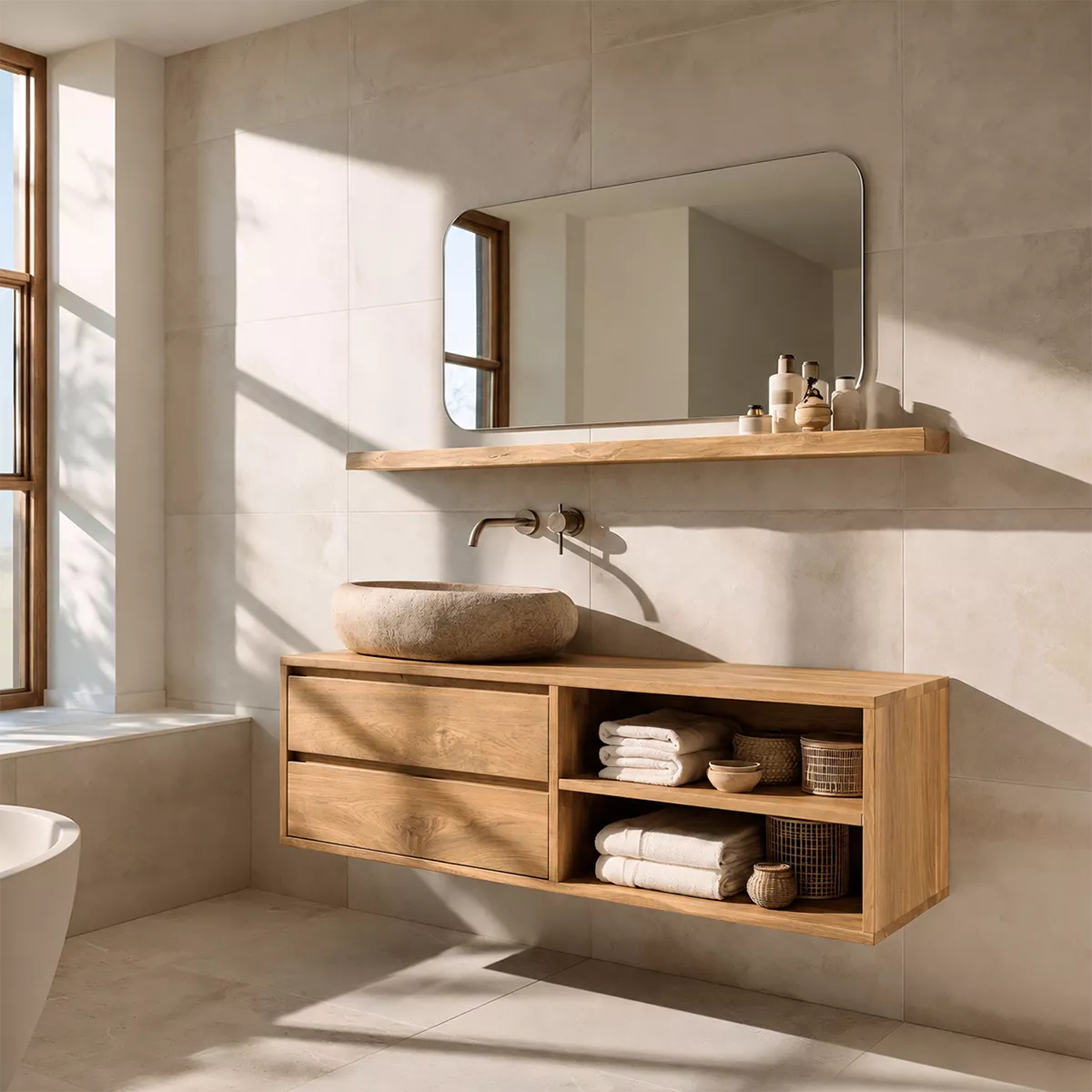 Floating Solid Wood Bathroom Vanity With Drawer Storage And Open Towel Shelves - Livewoodcraft - 4