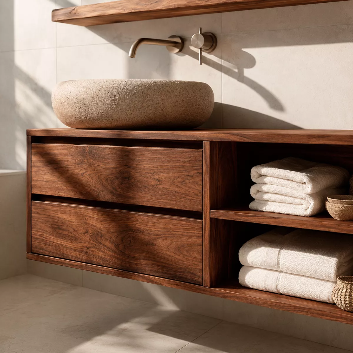 Floating Solid Wood Bathroom Vanity With Drawer Storage And Open Towel Shelves - Livewoodcraft - 5