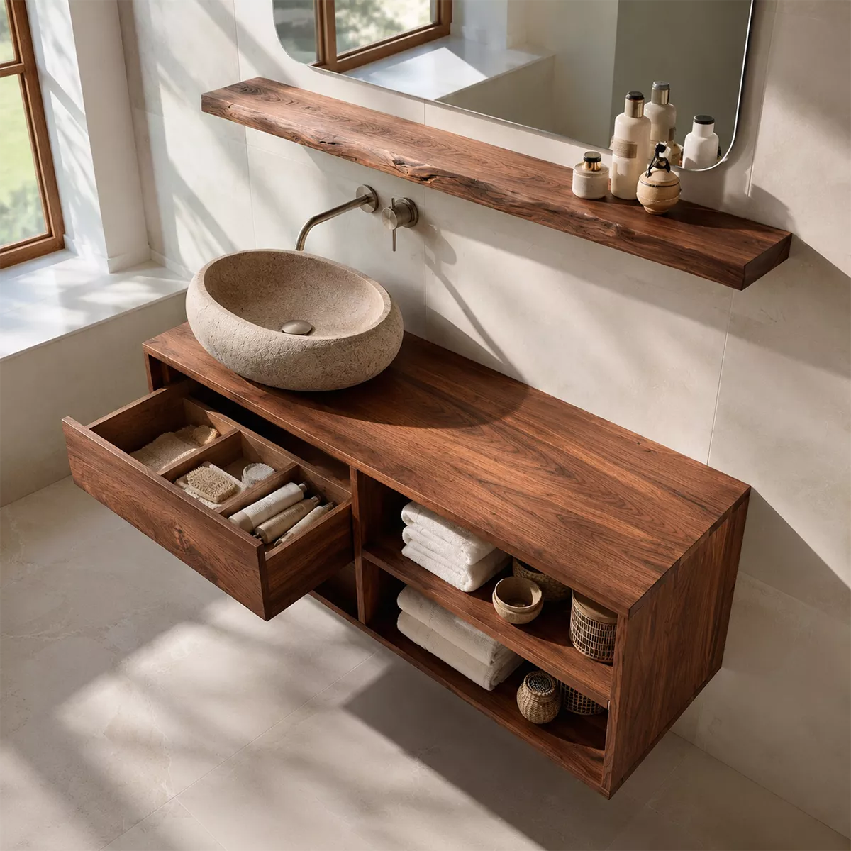 Floating Solid Wood Bathroom Vanity With Drawer Storage And Open Towel Shelves - Livewoodcraft - 6