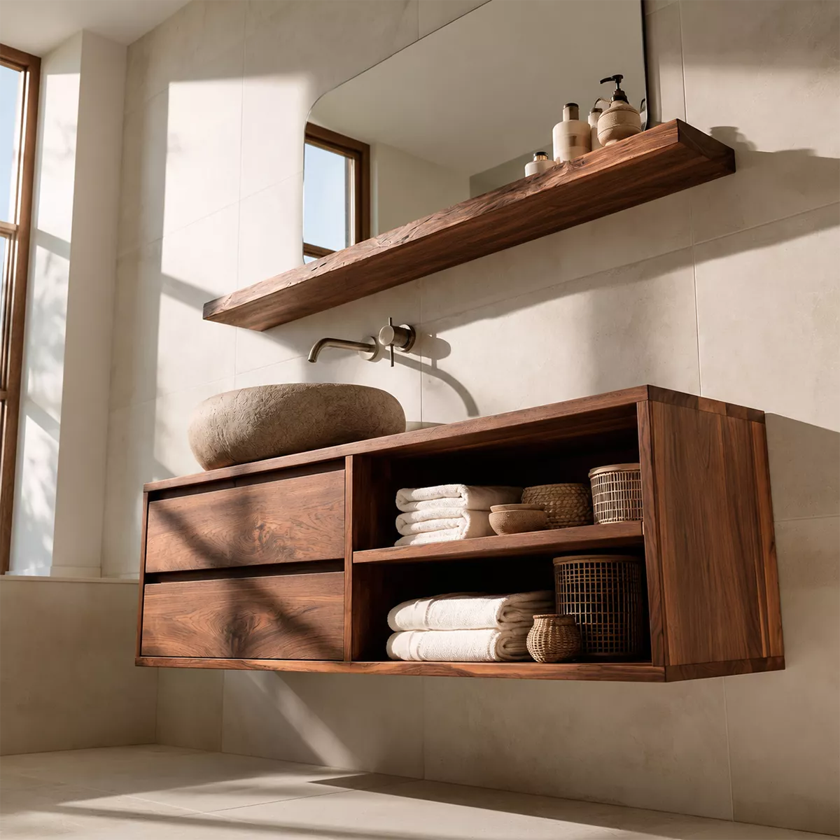 Floating Solid Wood Bathroom Vanity With Drawer Storage And Open Towel Shelves - Livewoodcraft - 7