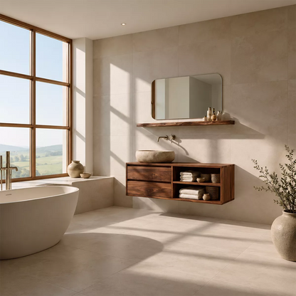 Floating Solid Wood Bathroom Vanity With Drawer Storage And Open Towel Shelves - Livewoodcraft - 8