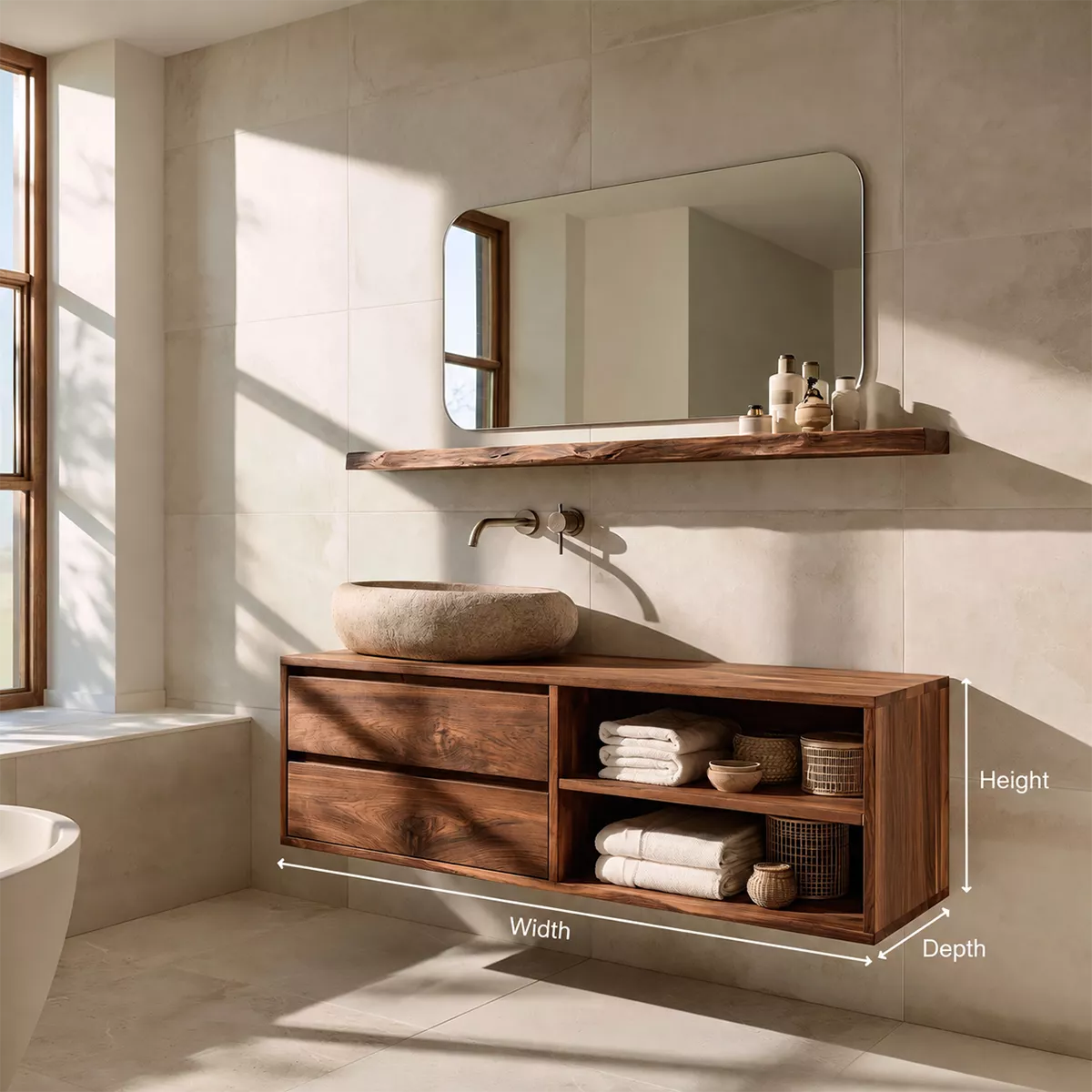 Floating Solid Wood Bathroom Vanity With Drawer Storage And Open Towel Shelves - Livewoodcraft - 9