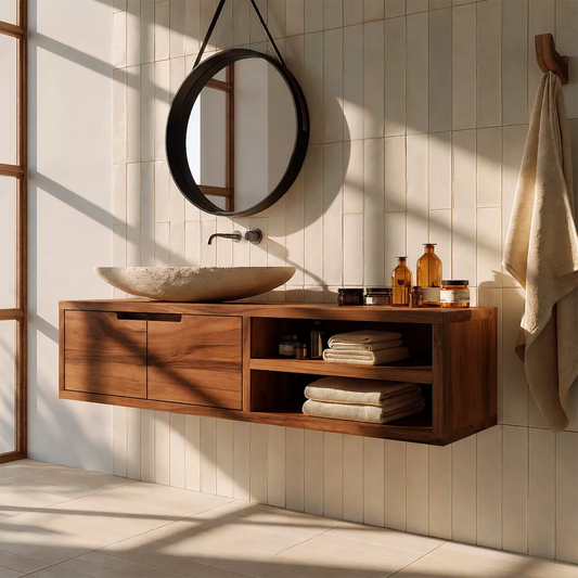 Floating Solid Wood Bathroom Vanity With Hidden Cabinet And Open Shelf Storage - Echotimber