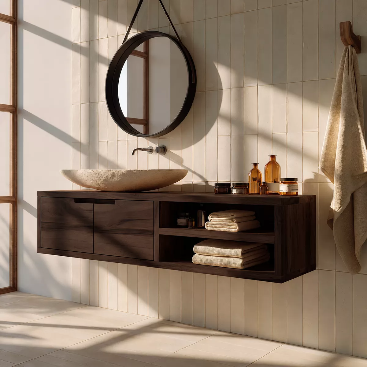 Floating Solid Wood Bathroom Vanity With Hidden Cabinet And Open Shelf Storage - Livewoodcraft - 2