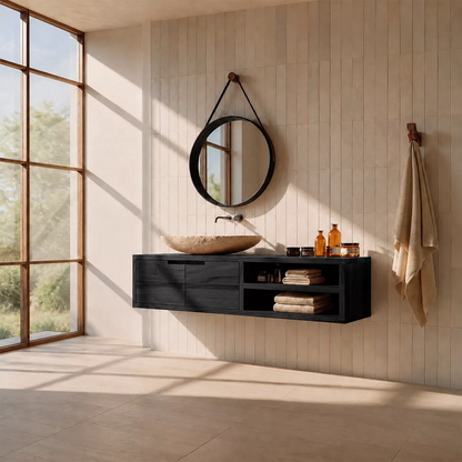 Floating Solid Wood Bathroom Vanity With Hidden Cabinet And Open Shelf Storage - Livewoodcraft - 3