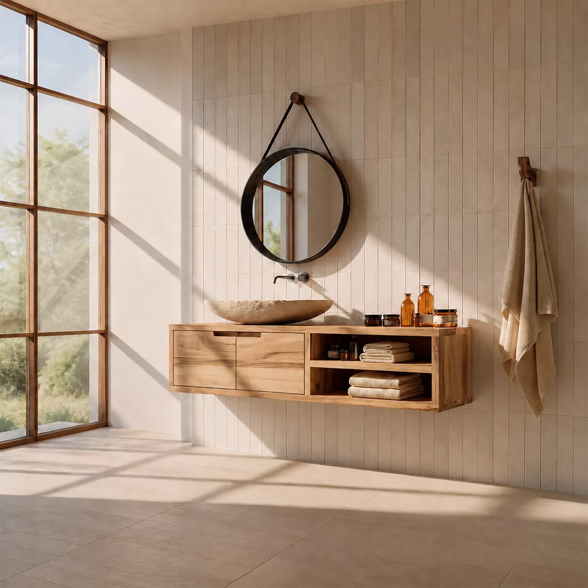 Floating Solid Wood Bathroom Vanity With Hidden Cabinet And Open Shelf Storage - Livewoodcraft - 4