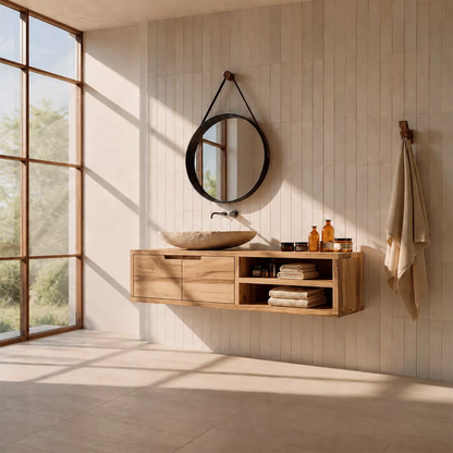 Floating Solid Wood Bathroom Vanity With Hidden Cabinet And Open Shelf Storage - Livewoodcraft - 4