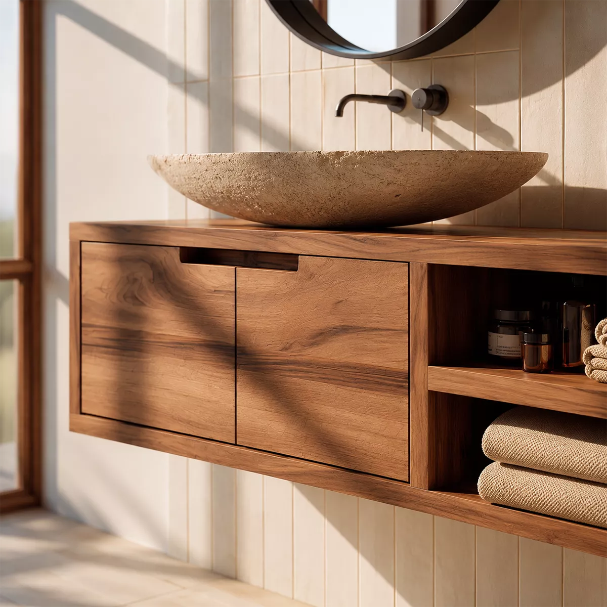 Floating Solid Wood Bathroom Vanity With Hidden Cabinet And Open Shelf Storage - Livewoodcraft - 5