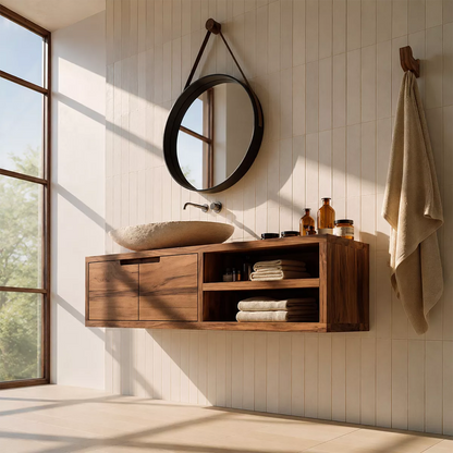 Floating Solid Wood Bathroom Vanity With Hidden Cabinet And Open Shelf Storage - Livewoodcraft - 6