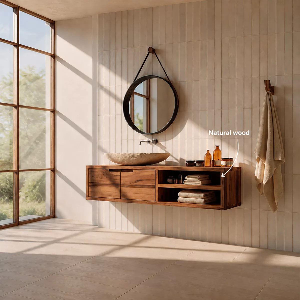 Floating Solid Wood Bathroom Vanity With Hidden Cabinet And Open Shelf Storage - Livewoodcraft - 8