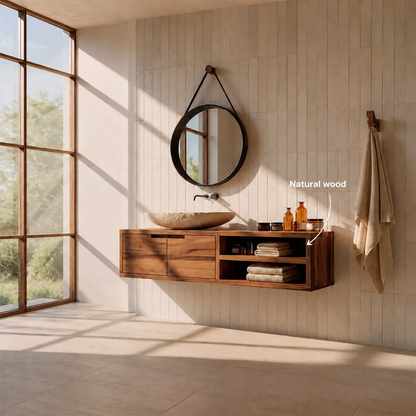 Floating Solid Wood Bathroom Vanity With Hidden Cabinet And Open Shelf Storage - Livewoodcraft - 8