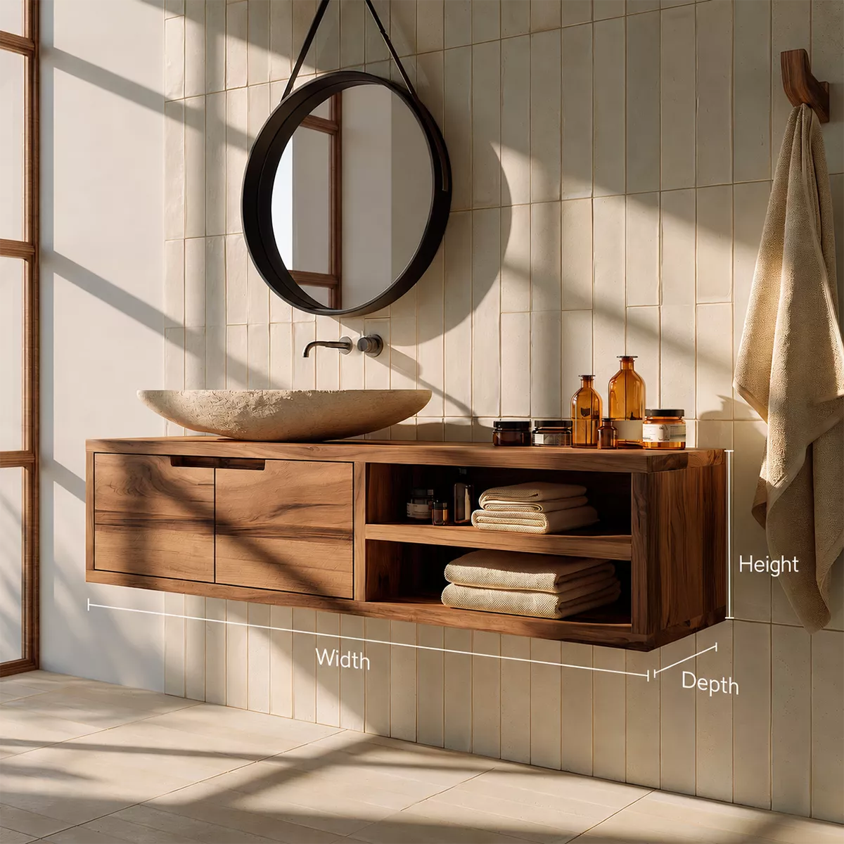Floating Solid Wood Bathroom Vanity With Hidden Cabinet And Open Shelf Storage - Livewoodcraft - 9