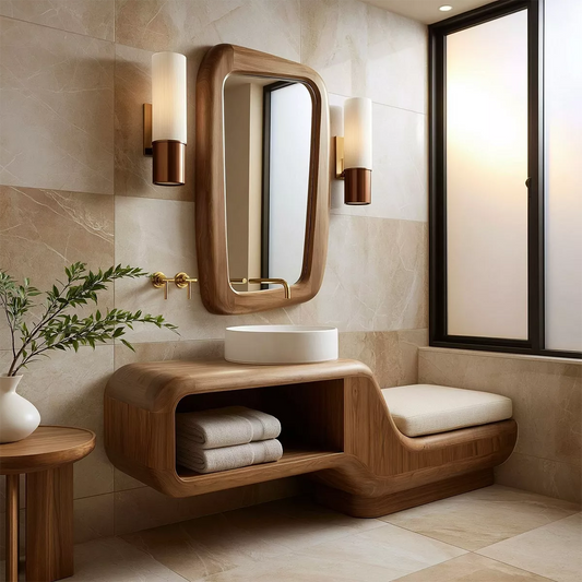 Floating Solid Wood Bathroom Vanity With Integrated Bench Open Shelf And Organic Mirror Frame - Echotimber
