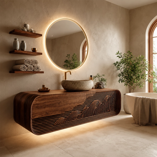 Floating Solid Wood Bathroom Vanity with Mountain Relief Front Design - Echotimber