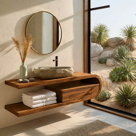Floating Solid Wood Bathroom Vanity With Open Shelf And Rounded Drawer Storage - Echotimber