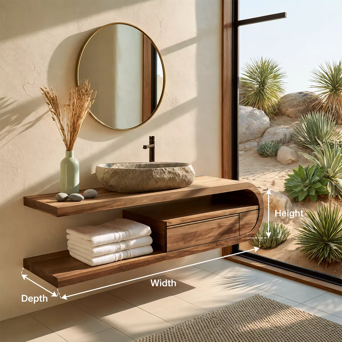 Floating Solid Wood Bathroom Vanity With Open Shelf And Rounded Drawer Storage - Livewoodcraft - 10