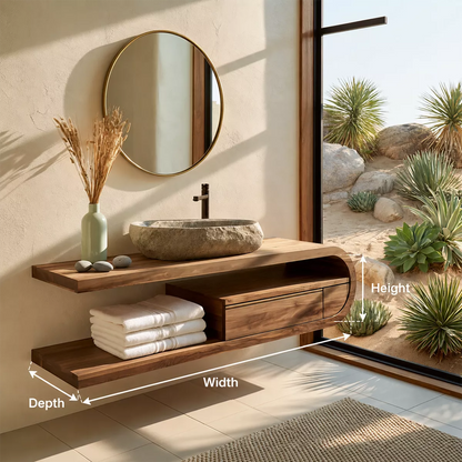 Floating Solid Wood Bathroom Vanity With Open Shelf And Rounded Drawer Storage - Livewoodcraft - 10