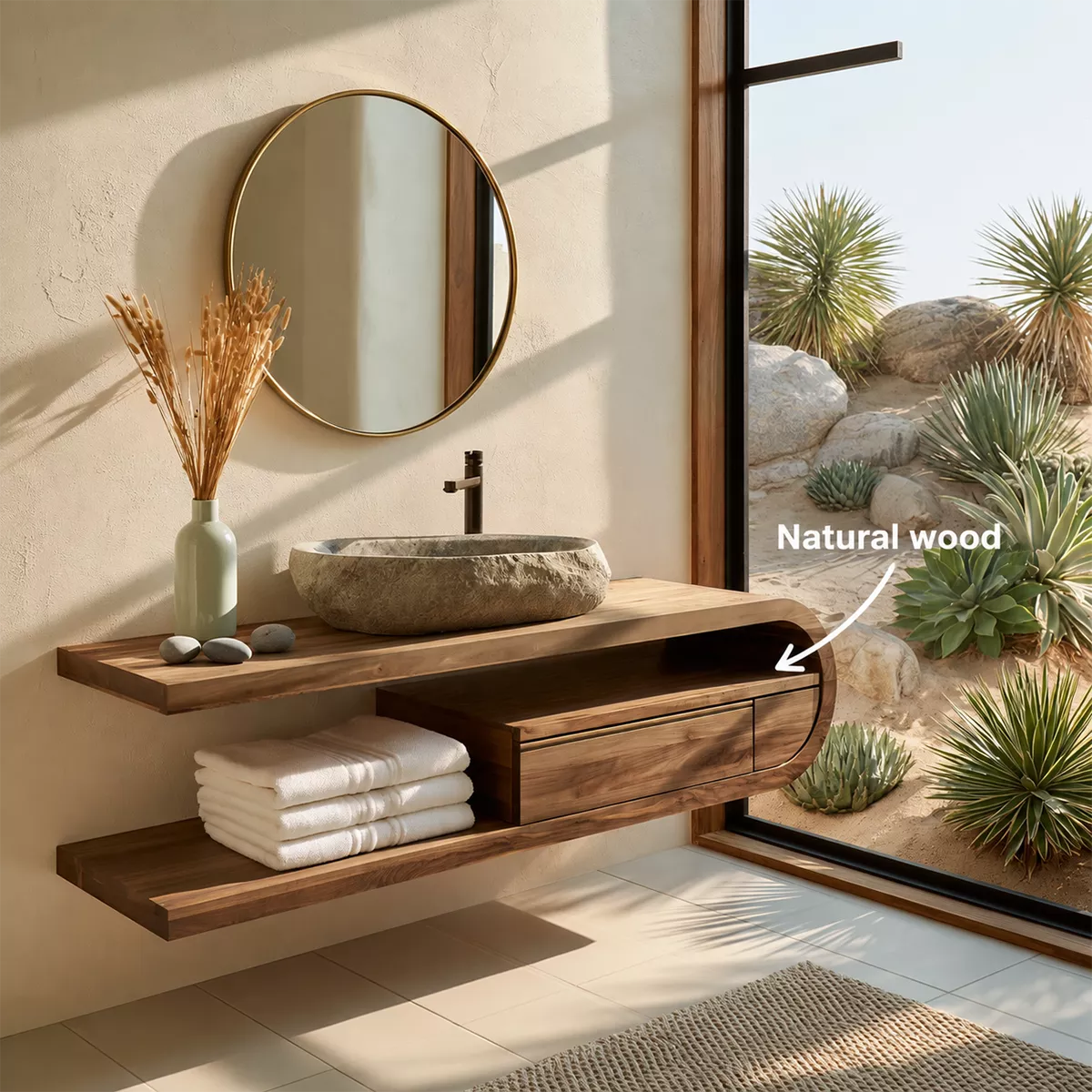 Floating Solid Wood Bathroom Vanity With Open Shelf And Rounded Drawer Storage - Livewoodcraft - 11