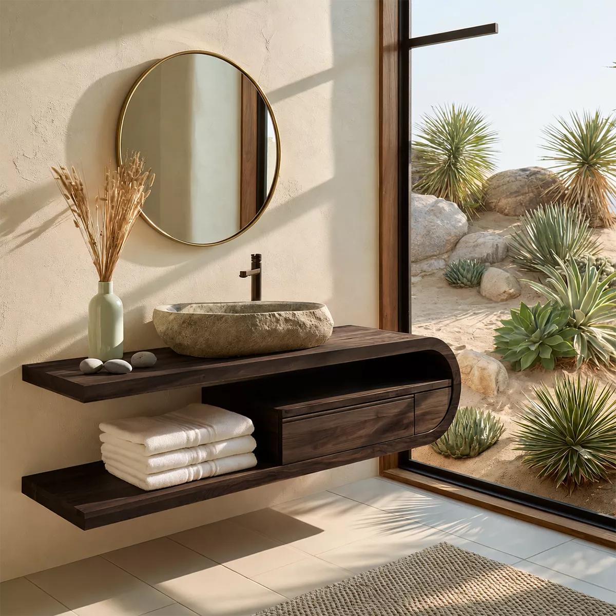 Floating Solid Wood Bathroom Vanity With Open Shelf And Rounded Drawer Storage - Livewoodcraft - 2