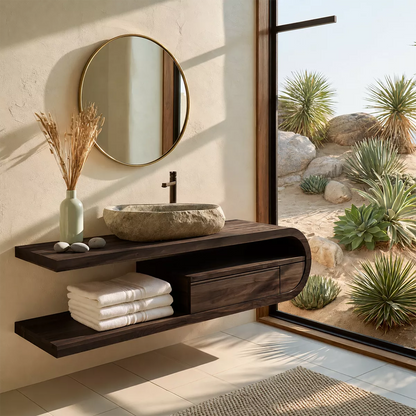Floating Solid Wood Bathroom Vanity With Open Shelf And Rounded Drawer Storage - Livewoodcraft - 2