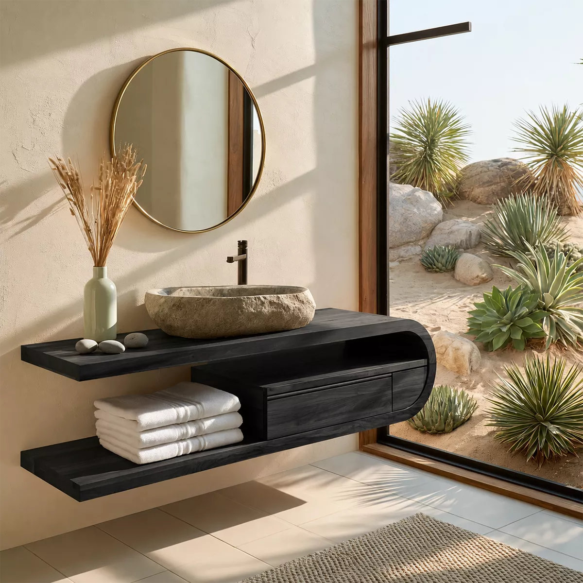 Floating Solid Wood Bathroom Vanity With Open Shelf And Rounded Drawer Storage - Livewoodcraft - 3