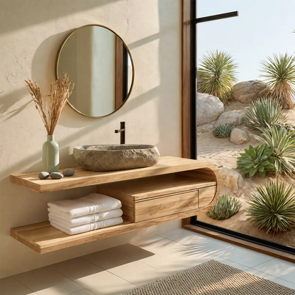 Floating Solid Wood Bathroom Vanity With Open Shelf And Rounded Drawer Storage - Livewoodcraft - 4