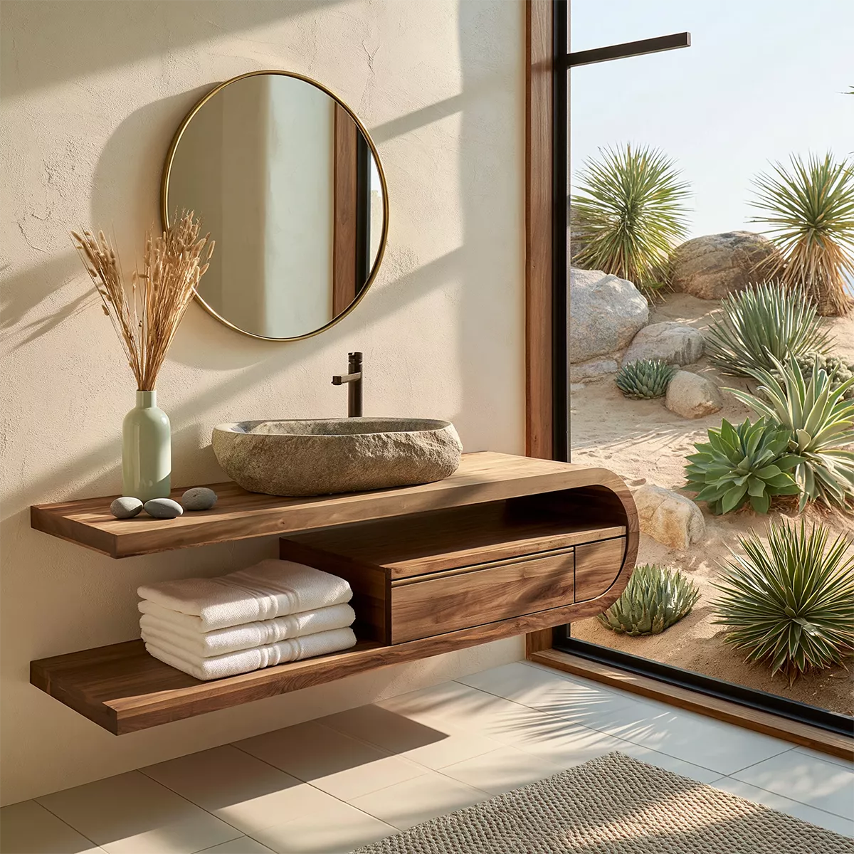 Floating Solid Wood Bathroom Vanity With Open Shelf And Rounded Drawer Storage - Livewoodcraft - 5