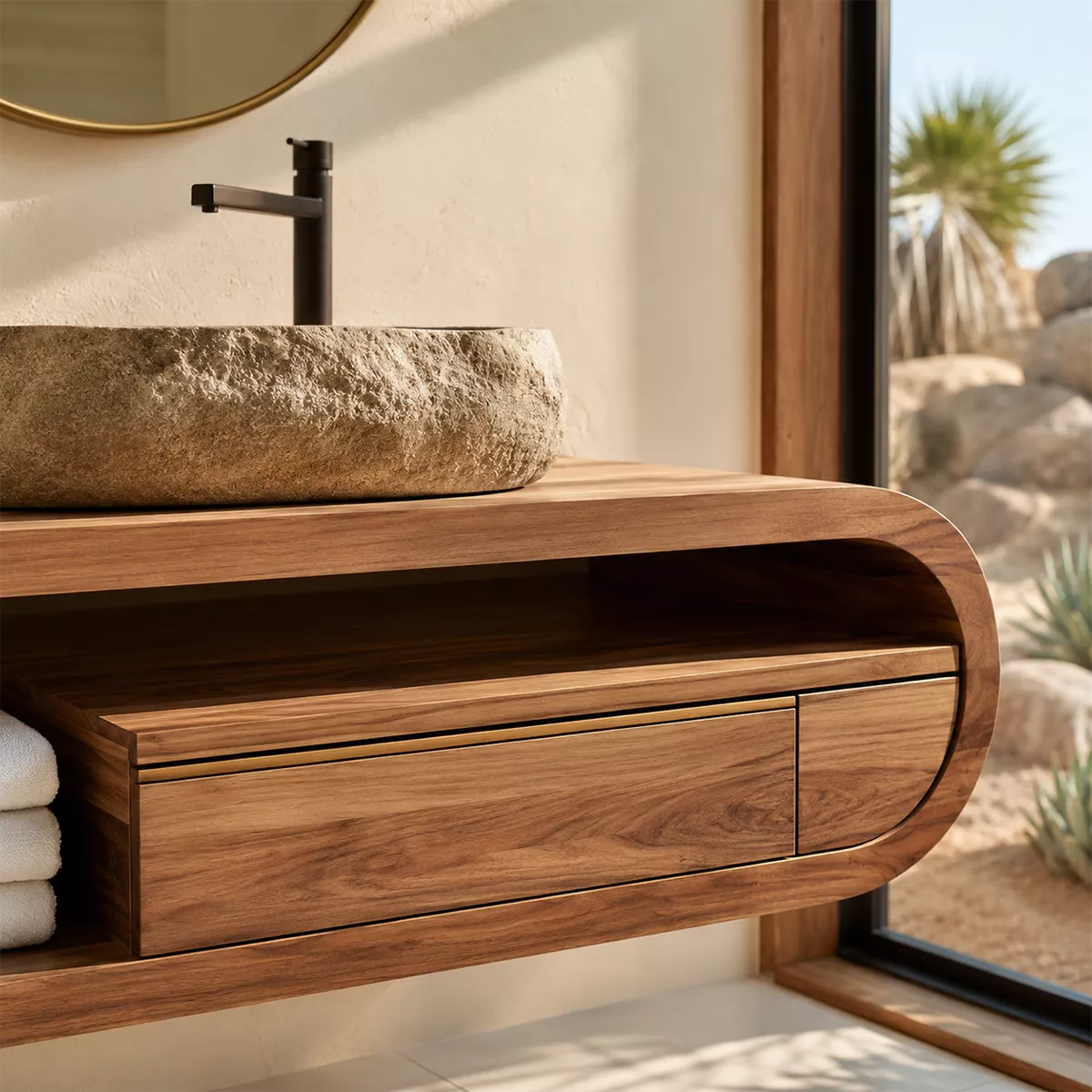 Floating Solid Wood Bathroom Vanity With Open Shelf And Rounded Drawer Storage - Livewoodcraft - 6