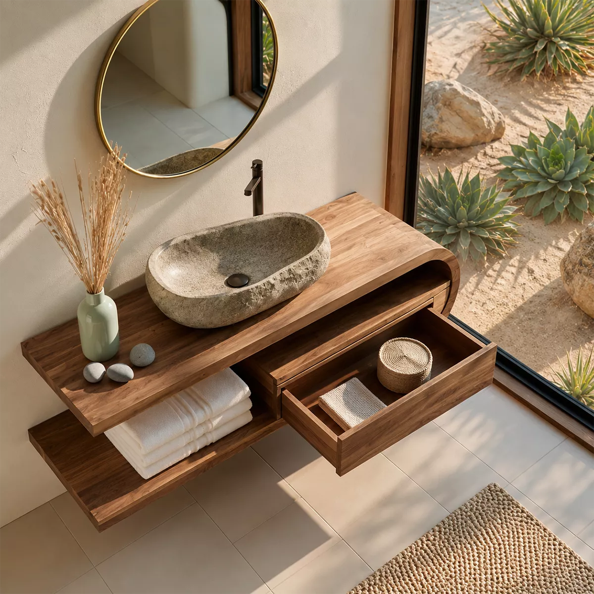 Floating Solid Wood Bathroom Vanity With Open Shelf And Rounded Drawer Storage - Livewoodcraft - 7