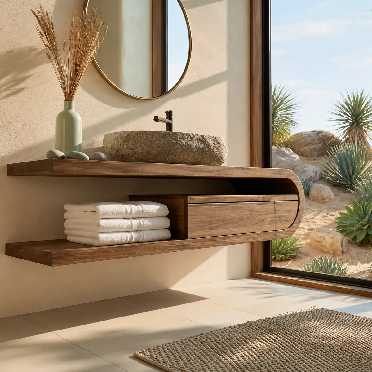 Floating Solid Wood Bathroom Vanity With Open Shelf And Rounded Drawer Storage - Livewoodcraft - 8