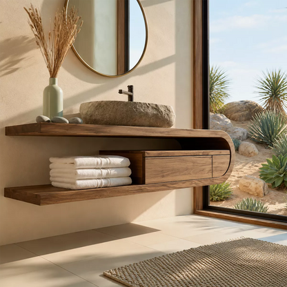 Floating Solid Wood Bathroom Vanity With Open Shelf And Rounded Drawer Storage - Livewoodcraft - 8