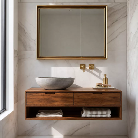 Floating Solid Wood Bathroom Vanity With Open Towel Shelf And Hidden Drawer Storage - Echotimber