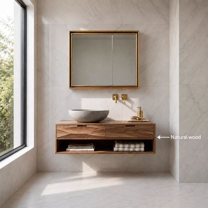 Floating Solid Wood Bathroom Vanity With Open Towel Shelf And Hidden Drawer Storage - Livewoodcraft - 10