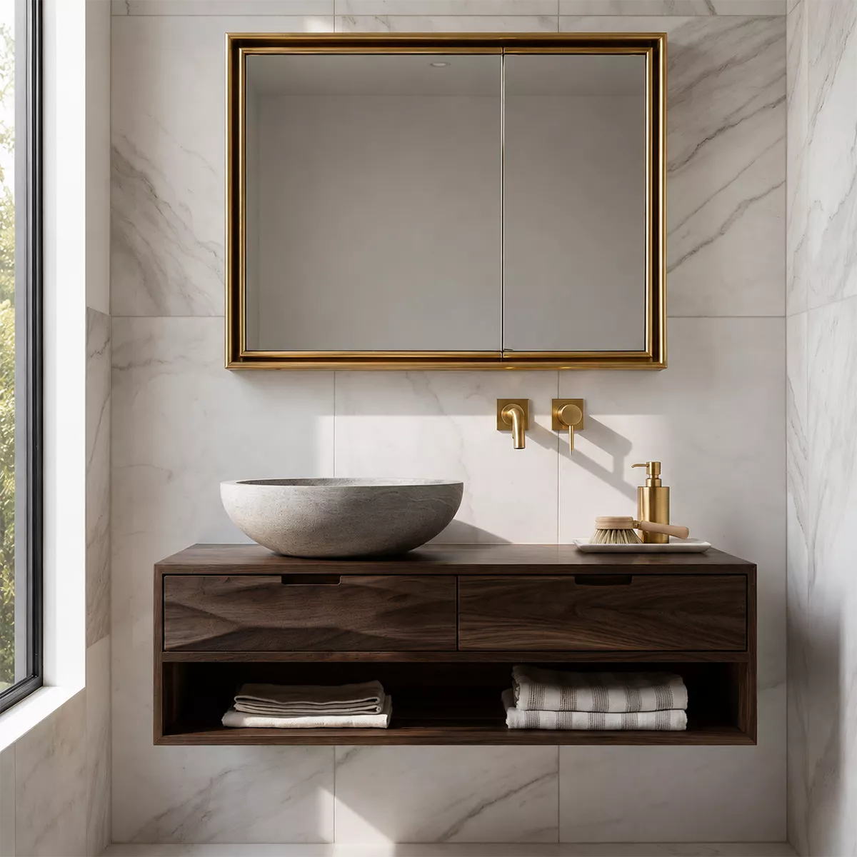 Floating Solid Wood Bathroom Vanity With Open Towel Shelf And Hidden Drawer Storage - Livewoodcraft - 2