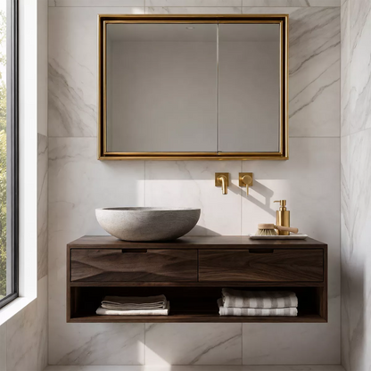 Floating Solid Wood Bathroom Vanity With Open Towel Shelf And Hidden Drawer Storage - Livewoodcraft - 2